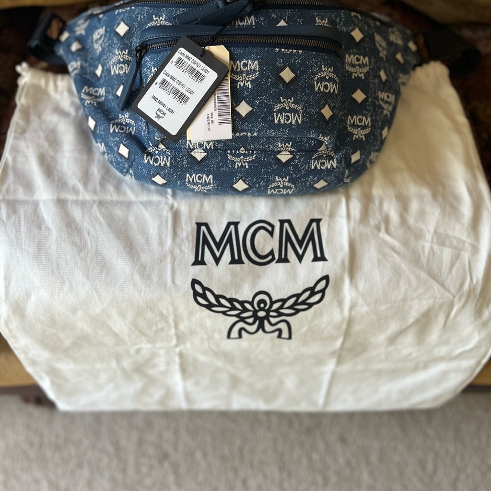 The Fursten Belt Bag in denim jacquard. Front/rear zippers w/Nappa leather trim.